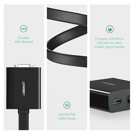 Переходник DVI-D - VGA (папа - мама) длина 20 см Ugreen MM108 с питанием MicroUSB черный