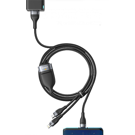 Кабель USB - Lightning, MicroUSB, Type-C 1,2 м 5A 66W плетеный Baseus Flash (быстрая зарядка) черный 