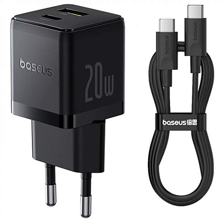Зарядное устройство сетевое с USB и Type-C входами 3А 20W с кабелем Type-C 60W Baseus Palm (быстрая зарядка PD) черное