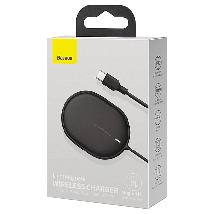 Беспроводная магнитная зарядка MagSafe для iPhone 15W с Type-C Baseus Light BS-W518 черная