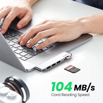 Хаб (разветвитель) Dual Type-C - 3 х USB 3.0, Type-C (Thunderbolt 3) с картридером SD и MicroSD Ugreen CM251 серый
