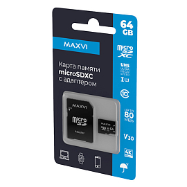 Карта памяти Maxvi MSD64GBC10V30 MicroSDXC 64Gb Class 10 UHS-I V30 с адаптером SD