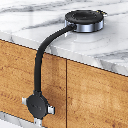 Кабель USB - MicroUSB, Lightning, Type-C 18 см 3A с беспроводной зарядкой для Apple Watch Baseus Star Ring черно-серый