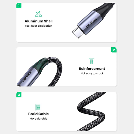 Кабель Type-C - Type-C 3.1 Gen2 длина 1 м 5A 20V 100W 4K 60Hz плетеный Ugreen US355 (быстрая зарядка PD, QC 3.0) черный
