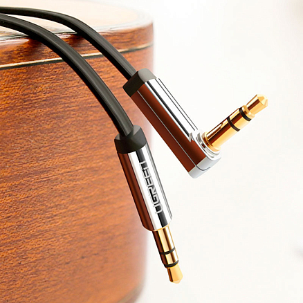 Кабель 3,5 мм - 3,5 мм угловой (стандартный аудио разъем) Aux 2 м плоский Ugreen AV119 черный