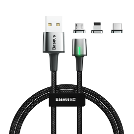 Кабель USB - MicroUSB, Lightning, Type-C 1 м 3А со сменными штекерами магнитный плетеный Baseus Zinc черный