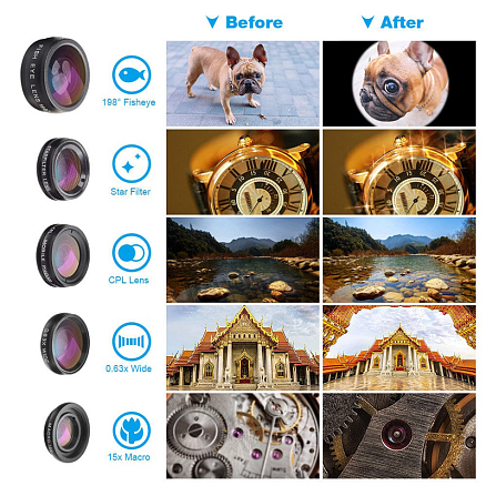 Объектив для телефона универсальный 6-в-1: Telephoto 16Х, Fisheye, Wide-Angle, Macro и 2 фильтра Apexel APL-JS16 + штатив для телефона