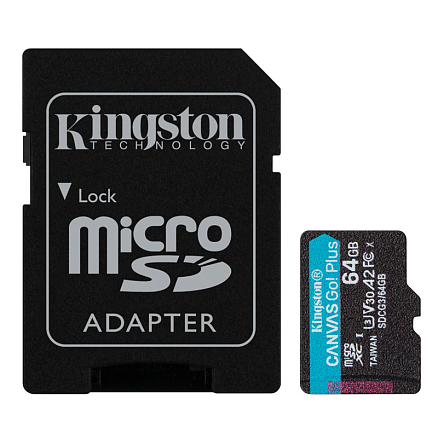 Карта памяти Kingston Canvas Go Plus MicroSDXC 64Gb UHS-I U3 V30 170 Мб/с с адаптером SD
