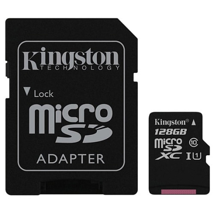 Карта памяти Kingston MicroSDXC 128Gb Class 10 скоростная с адаптером SD