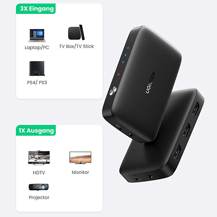 HDMI Switch (разветвитель) на 3 порта (3 HDMI входа на 1 HDMI выход) Ugreen CM332 черный