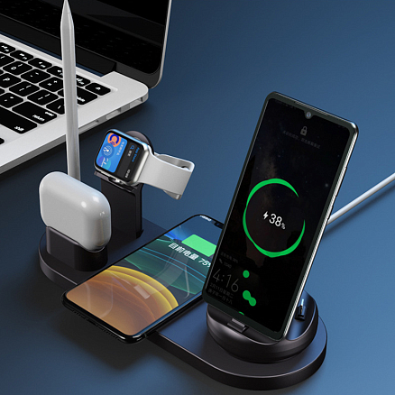 Беспроводная зарядка 7-в-1 для двух телефонов, Apple Watch, AirPods и Apple Pencil 10W c двумя USB портами SeenDa WS15 черная