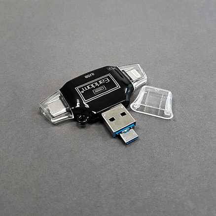 Картридер MicroSD 4-в-1 Lightning, Type-C, MicroUSB, USB Earldom ET-0T31 черный