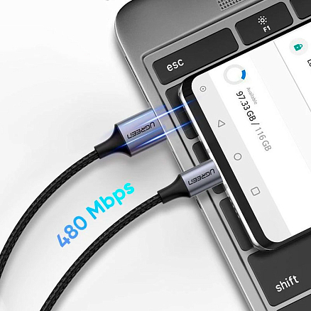 Кабель Type-C - USB 2.0 для зарядки 1,5 м 3А плетеный Ugreen US288 (быстрая зарядка QC 3.0) черный