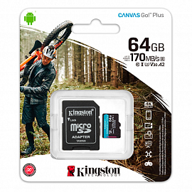 Карта памяти Kingston Canvas Go Plus MicroSDXC 64Gb UHS-I U3 V30 170 Мб/с с адаптером SD