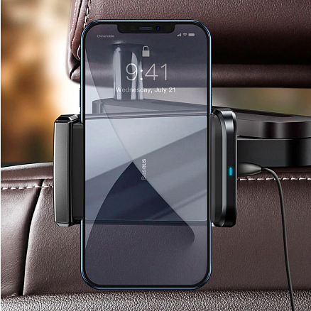 Держатель автомобильный на подголовник с беспроводной зарядкой (быстрая) Baseus Energy Storage черный