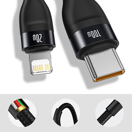 Кабель Type-C - Type-C 100W, Lightning 20W длина 1,2 м 5A 20V плетеный Baseus Flash (быстрая зарядка PD, QC 3.0) черный