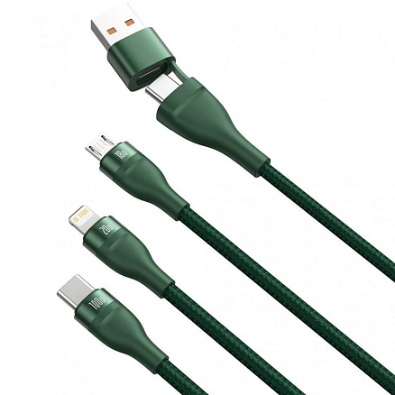 Кабель USB, Type-C - MicroUSB, Lightning, Type-C для зарядки 1,2 м 100W плетеный Baseus Flash Series зеленый