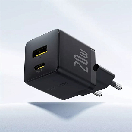 Зарядное устройство сетевое с USB и Type-C входами 3А 20W с кабелем Type-C 60W Baseus Palm (быстрая зарядка PD) черное