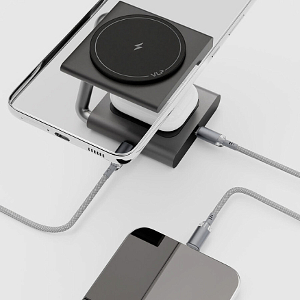 Беспроводная зарядка MagSafe 2-в-1 для телефона и наушников 15W 3A VLP Zen Charger (быстрая зарядка) серая