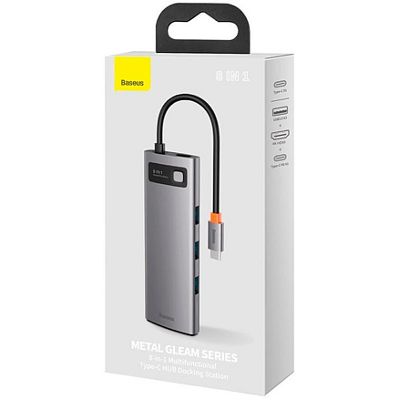 Хаб (разветвитель) Type-C - 3 х USB 3.0, HDMI 4K, RJ45, SD, microSD Baseus Metal Gleam серый