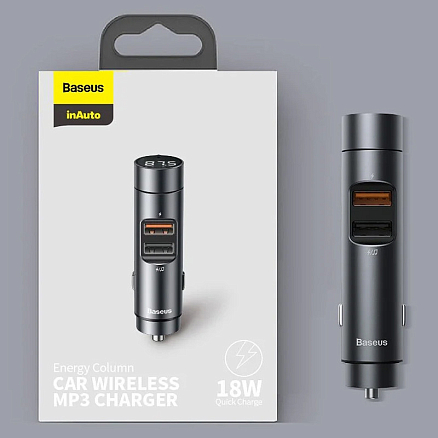 FM модулятор (трансмиттер) автомобильный Baseus Energy Column с громкой связью и двумя USB (3.1A) для зарядки темно-серый