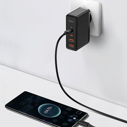 Зарядное устройство сетевое с USB и двумя Type-C входами 3А 100W и Type-C кабелем Baseus GaN2 Pro (быстрая зарядка QC, PD) черное 