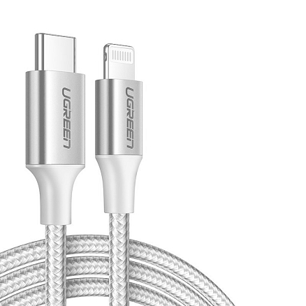 Кабель Type-C - Lightning для зарядки 2 м 3А MFi плетеный Ugreen US304 (быстрая зарядка PD) белый