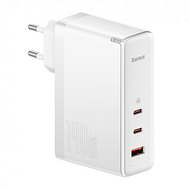Зарядное устройство сетевое с USB и двумя Type-C входами с кабелем 5A 140W Baseus GaN5 Pro (быстрая зарядка QC, PD) белое