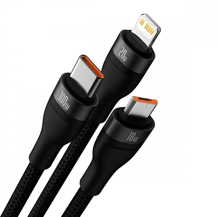 Кабель Type-C - MicroUSB, Lightning, Type-C 1,5 м 100W плетеный Baseus Flash Series черный