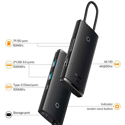 Хаб (разветвитель) Type-C - HDMI, 2 х USB 3.0, Type-C, SD, microSD Baseus Lite Series черный