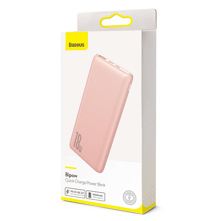 Внешний аккумулятор Baseus Bipow 10000мАч (USB, Type-C, ток 3А, быстрая зарядка PD, QC 3.0, 18Вт) розовый