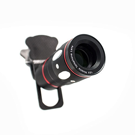 Объектив для телефона универсальный 4-в-1: Fisheye, Wide-Angle, Macro, Telephoto 10х на прищепке темно-серый