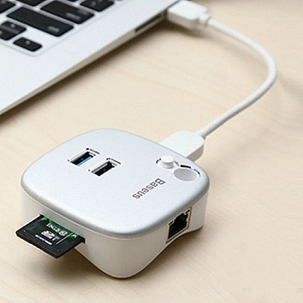 USB 3.0 HUB (разветвитель) на 2 порта, Ethernet, картридер SD и MicroSD Baseus HR35 серебристый