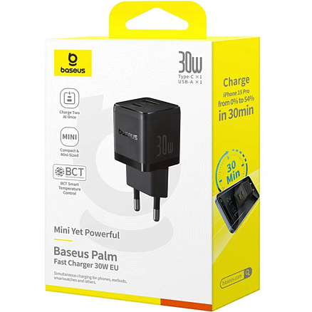 Зарядное устройство сетевое с USB и Type-C входами 3А 30W с кабелем Type-C 60W Baseus Palm (быстрая зарядка PD) черное