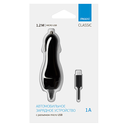 Зарядное устройство автомобильное 1A с MicroUSB кабелем 1,2 м Deppa 22105 черное