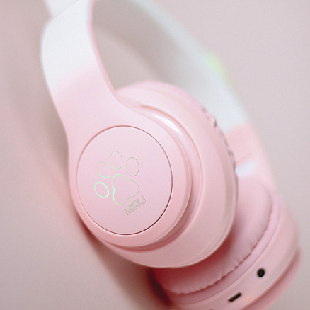 Наушники беспроводные Miru Cat EP-W10 полноразмерные с ушками и подсветкой розовые + портативная колонка Defender Enjoy S600 10W