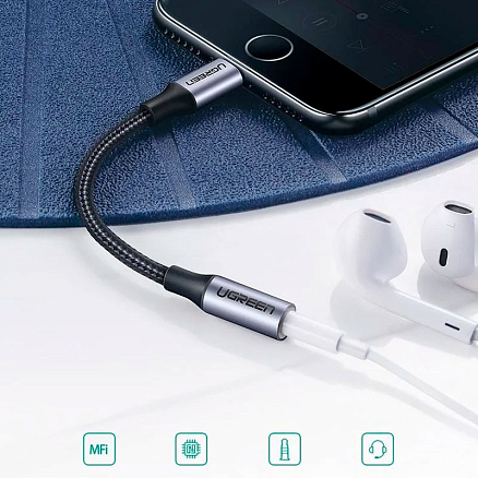 Переходник Lightning - 3,5 мм (папа - мама) для наушников 10 см плетеный Ugreen US211 черный