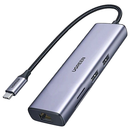 Хаб (разветвитель) Type-C - USB 3.0, HDMI 4K 30Hz, RJ45, SD, microSD, PD 100W Ugreen CM512 серый