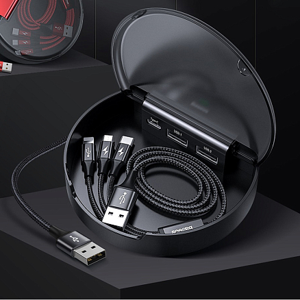 Разветвитель USB на 3 порта в авто с кабелем USB - MicroUSB, Lightning, Type-C (быстрая зарядка) Baseus Car Sharing черный