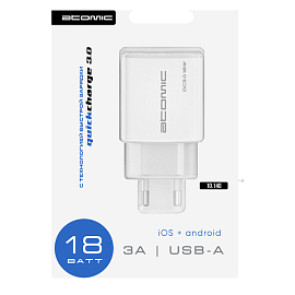 Зарядное устройство сетевое с USB входом Atomic U150 (быстрая зарядка QC 3.0) белое