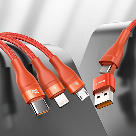 Кабель USB, Type-C - Lightning, MicroUSB, Type-C 1,2 м 5A 100W плетеный Baseus Flash (быстрая зарядка Huawei, PD, QC) оранжевый 