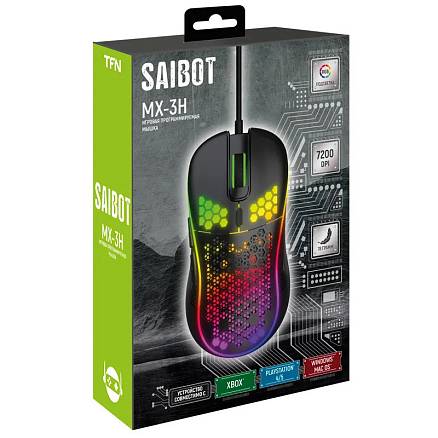 Мышь проводная оптическая TFN Saibot MX-3H с подсветкой 6 кнопок 7200 dpi игровая черная