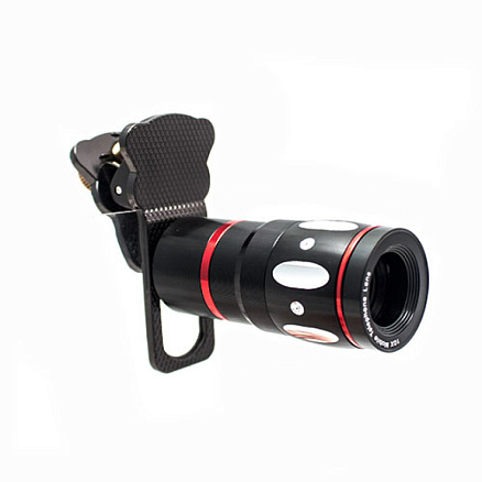 Объектив для телефона универсальный 4-в-1: Fisheye, Wide-Angle, Macro, Telephoto 10х на прищепке темно-серый