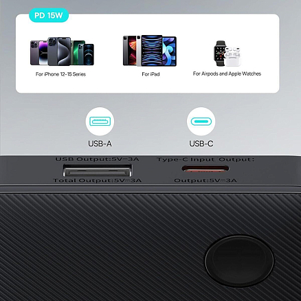 Внешний аккумулятор Baseus Airpow Lite 10000мАч (USB, Type-C, ток 3А, быстрая зарядка PD, QC 3.0, 15Вт) черный