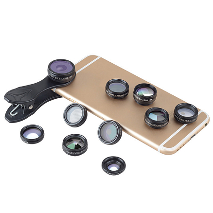 Объектив для телефона универсальный 10-в-1: Telephoto 2X, Fisheye, Wide-Angle, Macro и 6 фильтров Apexel APL-DG10