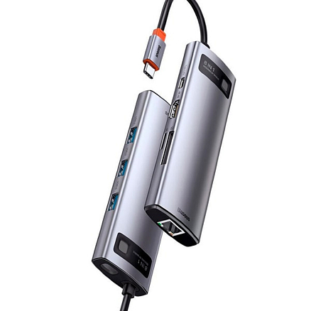 Хаб (разветвитель) Type-C - 3 х USB 3.0, HDMI 4K, RJ45, SD, microSD Baseus Metal Gleam серый