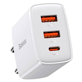 Зарядное устройство сетевое с двумя USB и Type-C входом 3А 30W Baseus Compact (быстрая зарядка PD, QC 3.0) белое