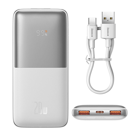 Внешний аккумулятор Baseus Bipow Pro Digital Overseas Edition с дисплеем 10000мАч (USB, Type-C, ток 3А, быстрая зарядка PD, QC 3.0, 20Вт) белый