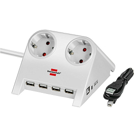 Сетевой фильтр настольный на 2 розетки 4 USB 2.1A длина 1,8 м Brennenstuhl Desktop-Power-Plus белый