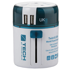 Переходник для розетки универсальный c двумя USB Travel Blue Sliding бело-синий
